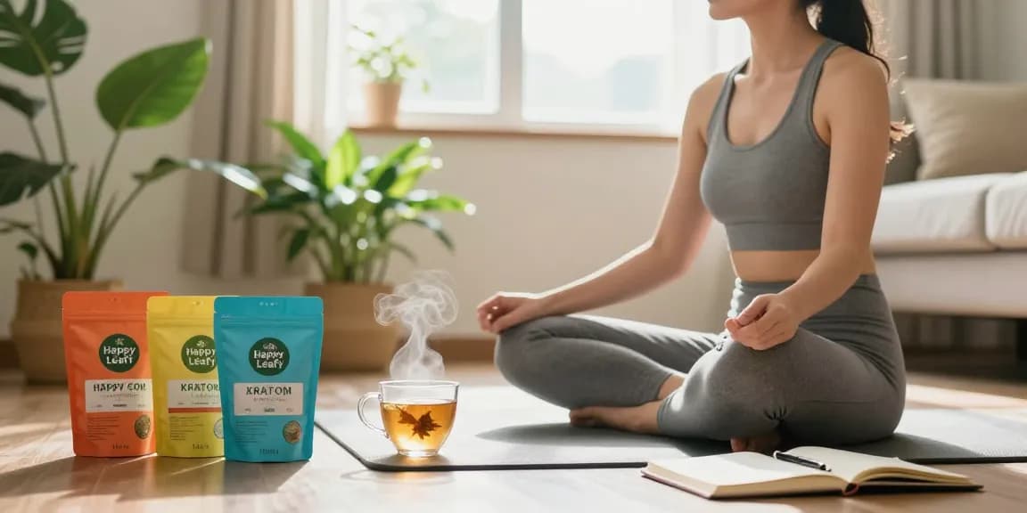 Happy Go Leafy Kratom in a serene wellness setting with tea and yoga mat.