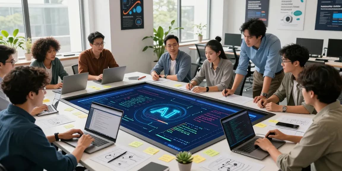 Dynamic tech workspace scene featuring AI agents in collaborative brainstorming, engineers working around a touchscreen table.