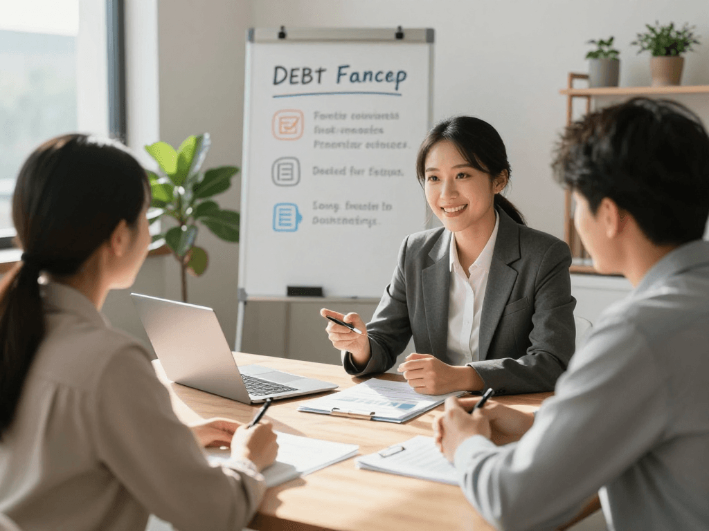 Debt consolidation consultation with a financial advisor helping a couple explore options.