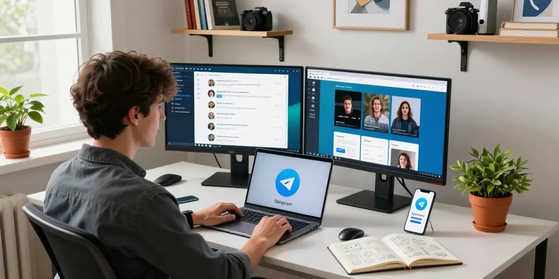 Engaging user accessing Telegram Web on a laptop in a modern workspace with vibrant decor.