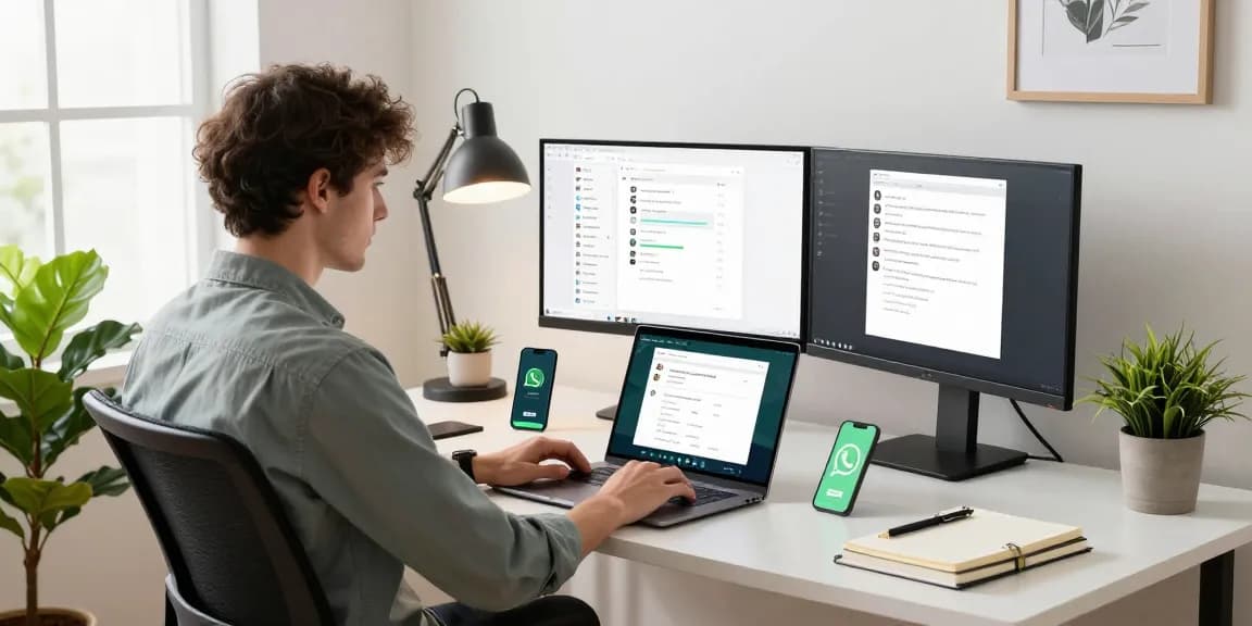 Using WhatsApp電腦版 on a stylish home office desk with laptop and smartphone.