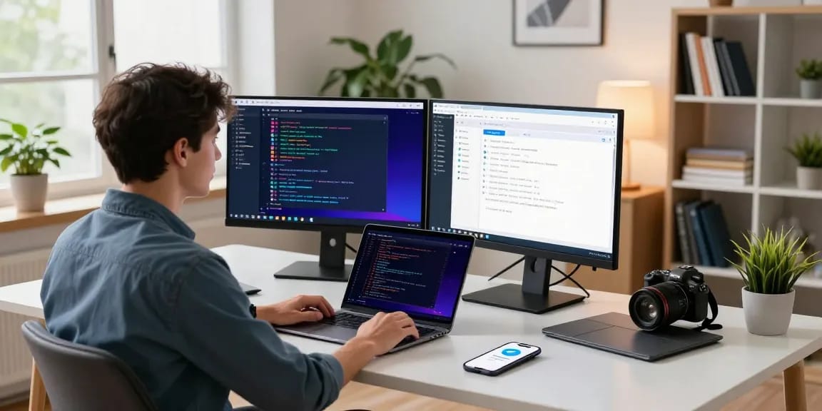 Active professional using Telegram网页版 in a modern office workspace.