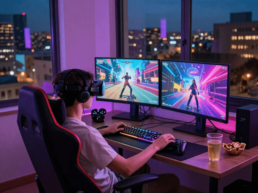 Engaged player in a sex simulator game with vibrant visuals and cozy gaming setup.