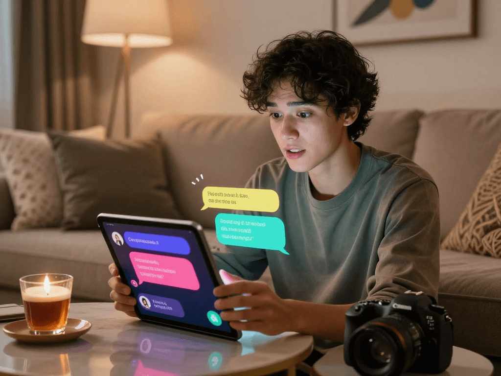 Engaging ai porn chat between user and AI in a cozy digital environment.