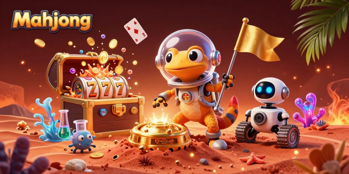 Engage in mahjong gaming as the cartoon gecko uncovers a golden casino in a rich cosmic scene.