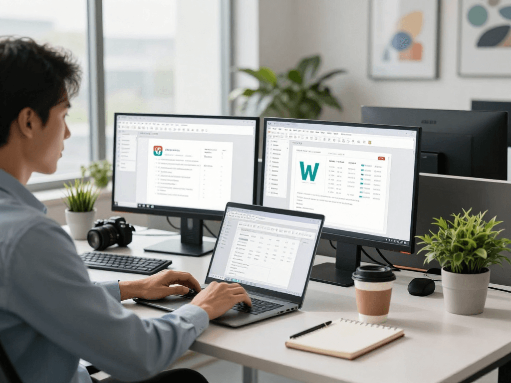 使用WPS Office的现代办公环境,展示专业人士在整理工作文档。