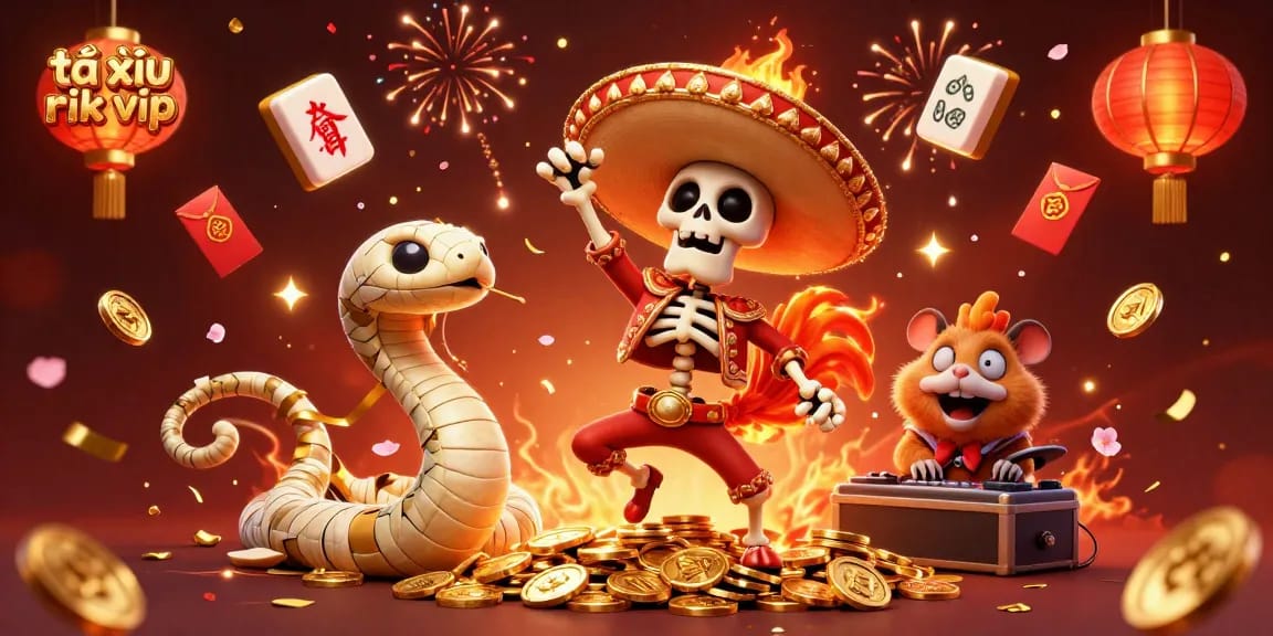 Engage with tài xỉu rik vip in a vibrant 3D scene featuring festive characters and casino elements.