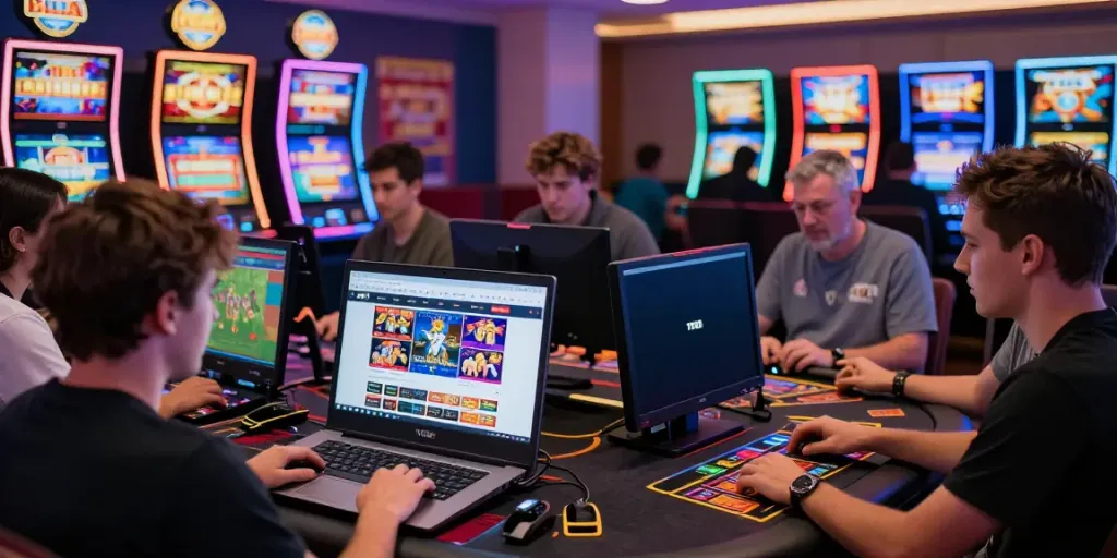 Engaging online gambling experience at https://tx88bet.vip/ with diverse players enjoying vibrant slot machines and sports betting.
