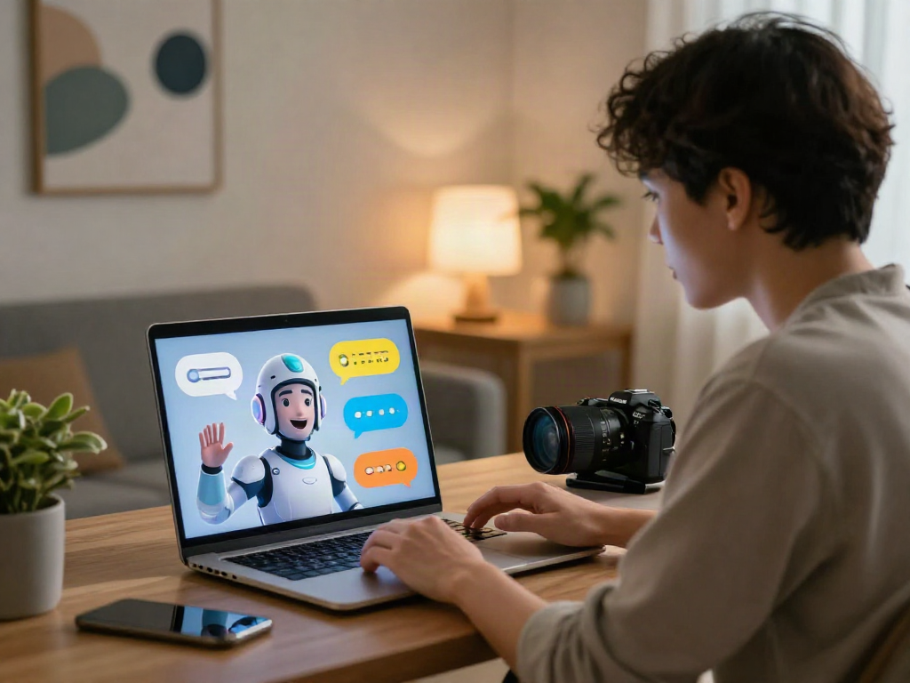 User engaging in an ai porn chat with a friendly AI avatar on a sleek laptop, showcasing modern home workspace.