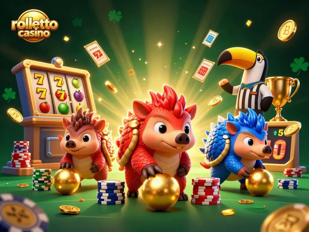 Experience rolletto casino excitement with pangolins dodging golden balls among vibrant slots.