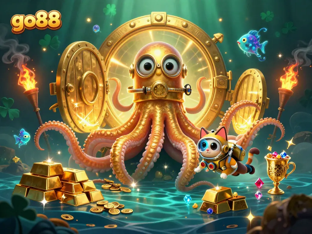 Win big with go88 in an epic treasure-filled sea adventure illustration featuring a kraken and diving cat.