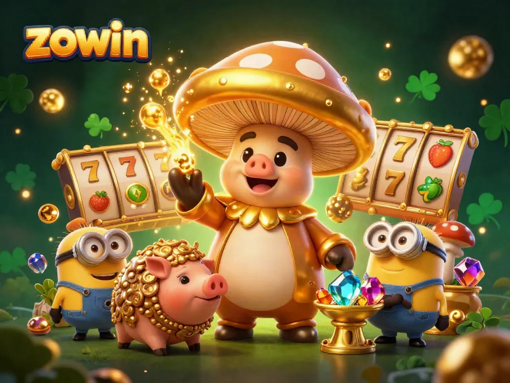 Experience the magical world of zowin with golden slots and vibrant characters in an enchanting casino scene.