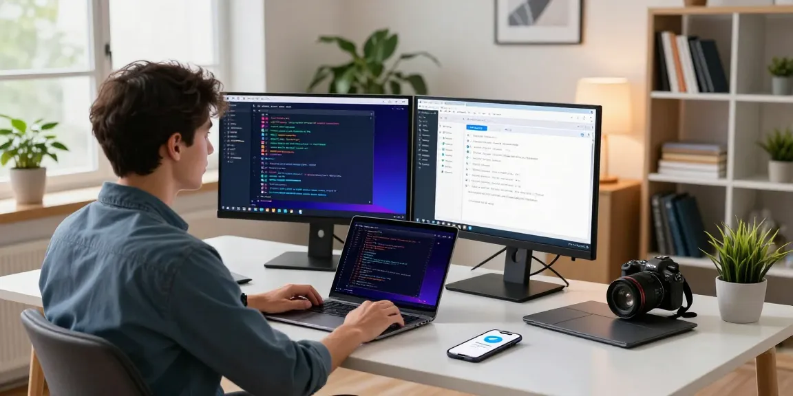 Active professional using Telegram网页版 in a modern office workspace.