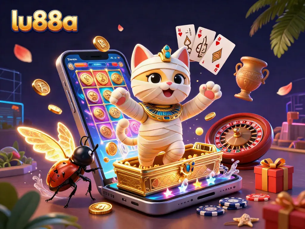 Win big with lu88a as the Egyptian mummy cat explodes from its sarcophagus in a vibrant casino scene.