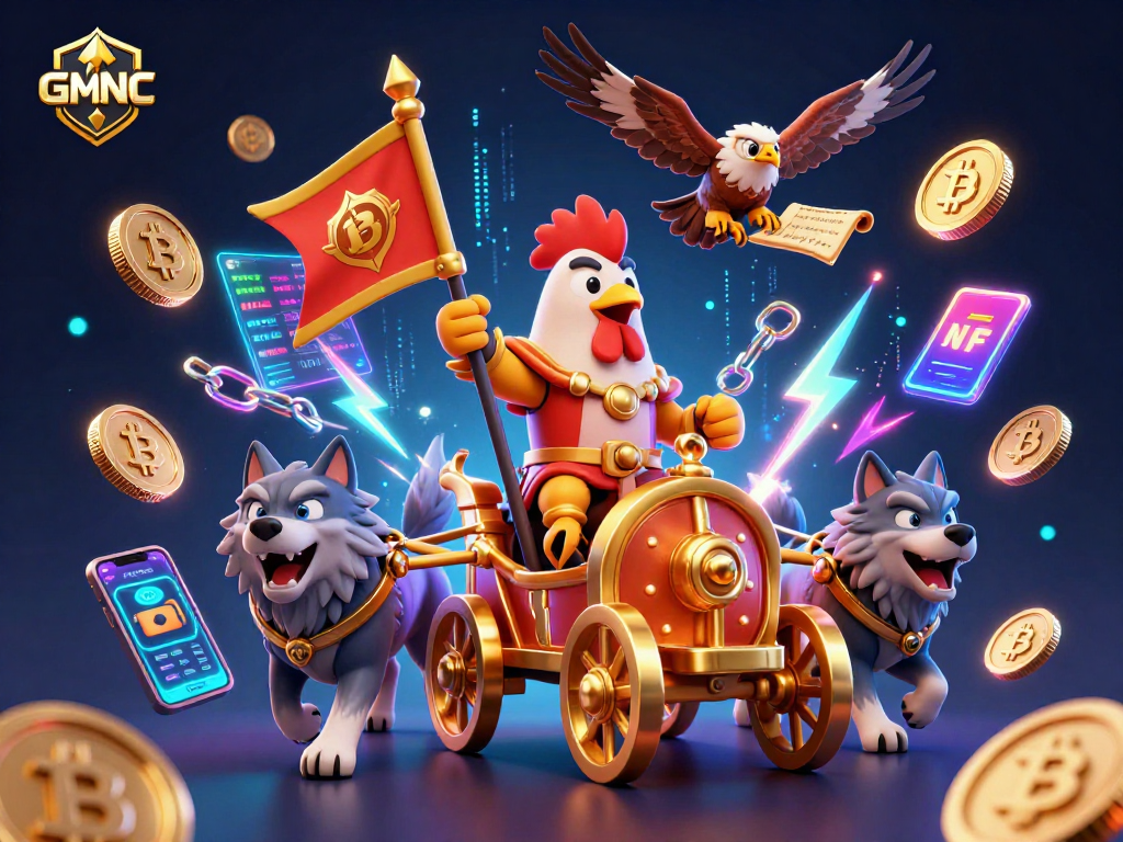Engage in thrilling digital gaming with GMNC's vibrant casino scene featuring iconic crypto elements.