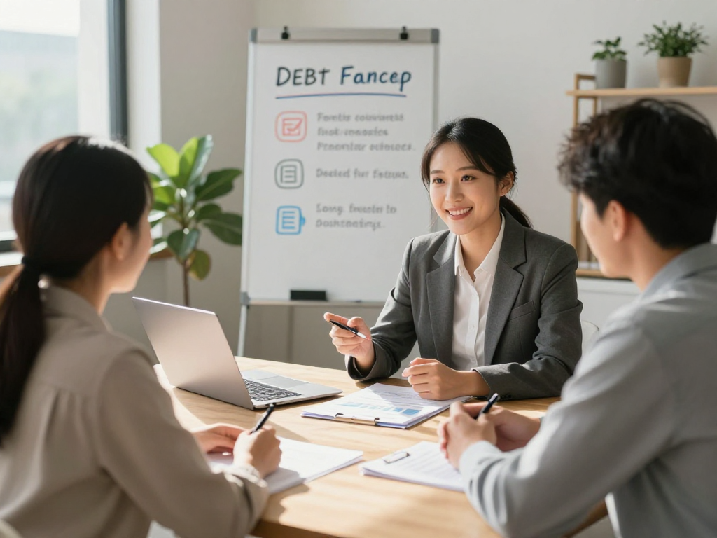 Debt consolidation consultation with a financial advisor helping a couple explore options.