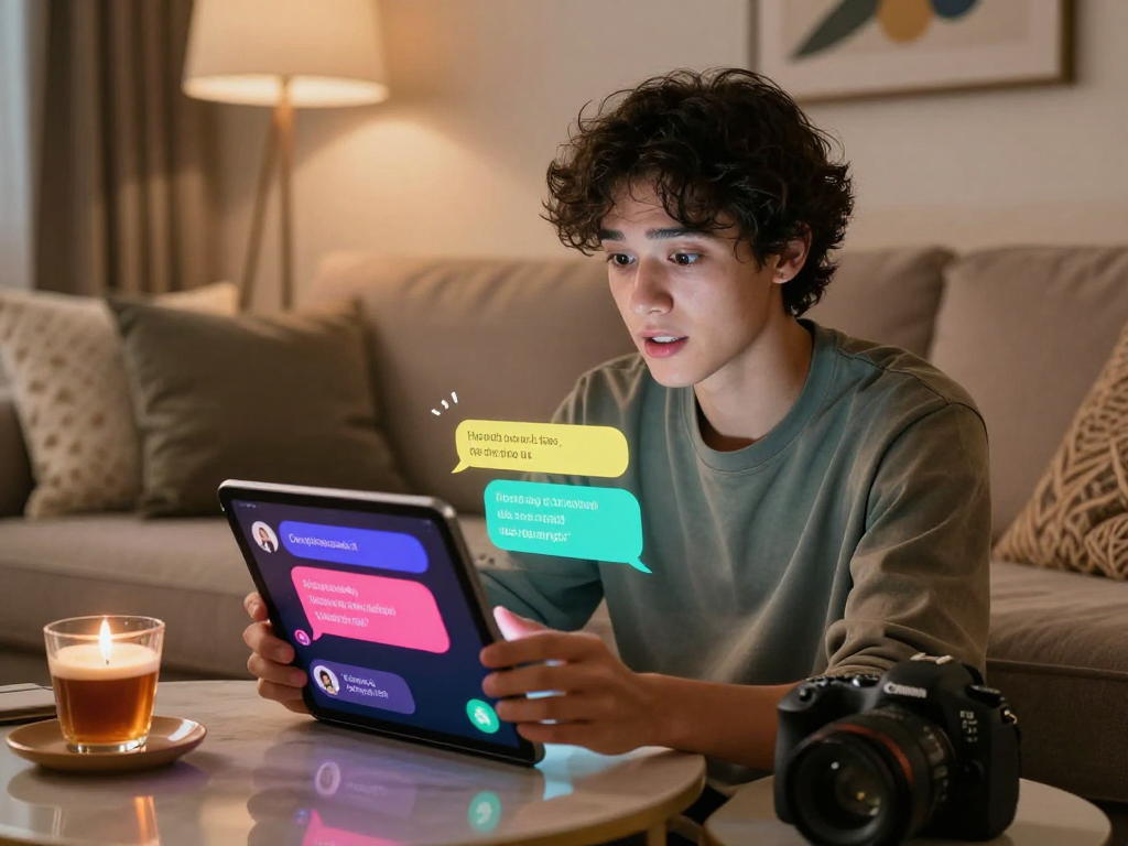 Engaging ai porn chat between user and AI in a cozy digital environment.