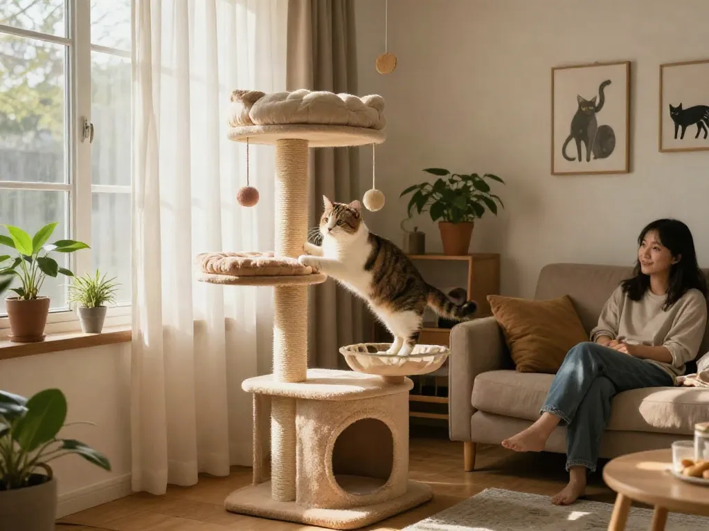 Engaging cat exploring a modern cat tree in a warm home setting.