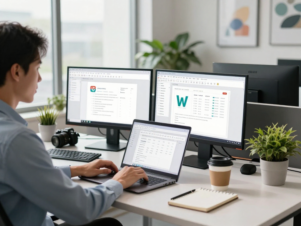 使用WPS Office的现代办公环境，展示专业人士在整理工作文档。