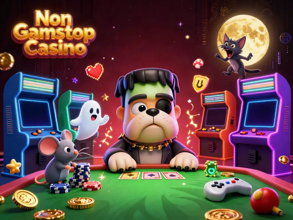 Engaging 3D scene showcasing the Non Gamstop Casino theme with cartoon characters and vibrant gambling elements.