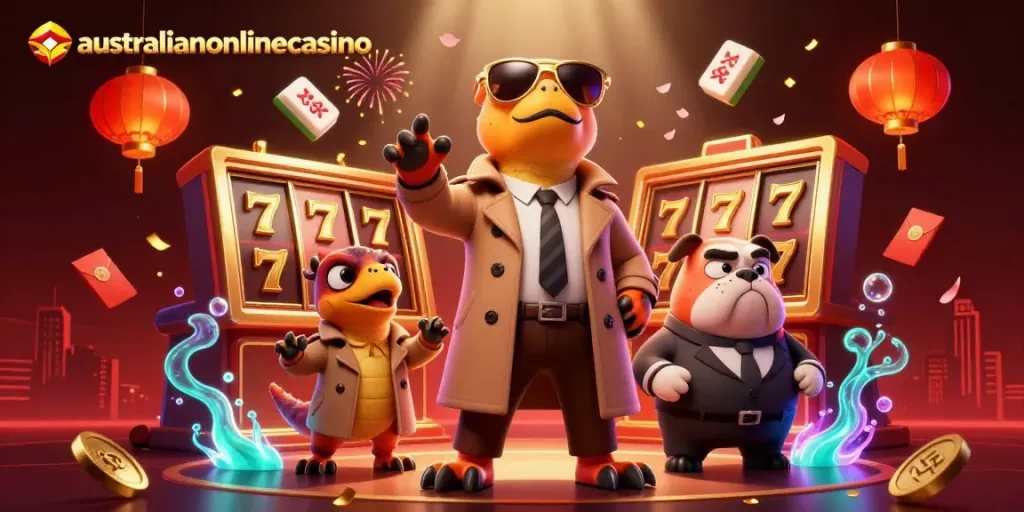 Dynamic scene of 3D raptors at a VIP lounge, featuring slots and fun gambling inscriptions at australianonlinecasino.