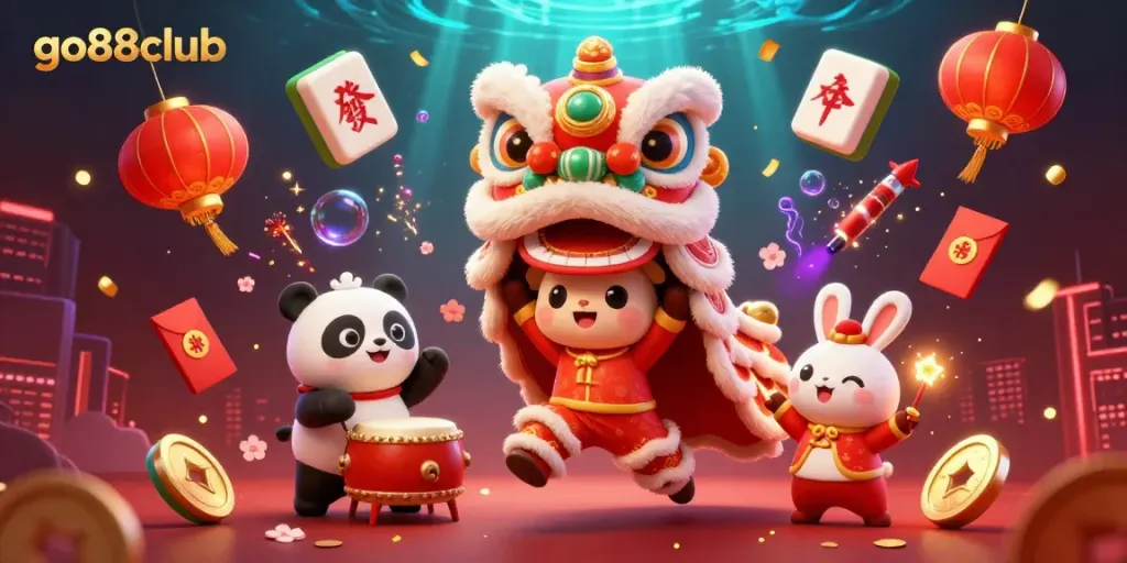 Engage in the exciting atmosphere of go88club with a lively lion dance and rich decorations.