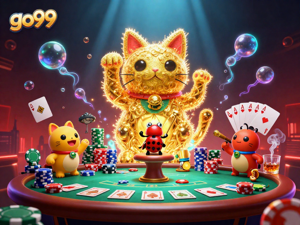 Experience joy and luck with go99, a vibrant illustration of a lucky cat and casino symbols in action.