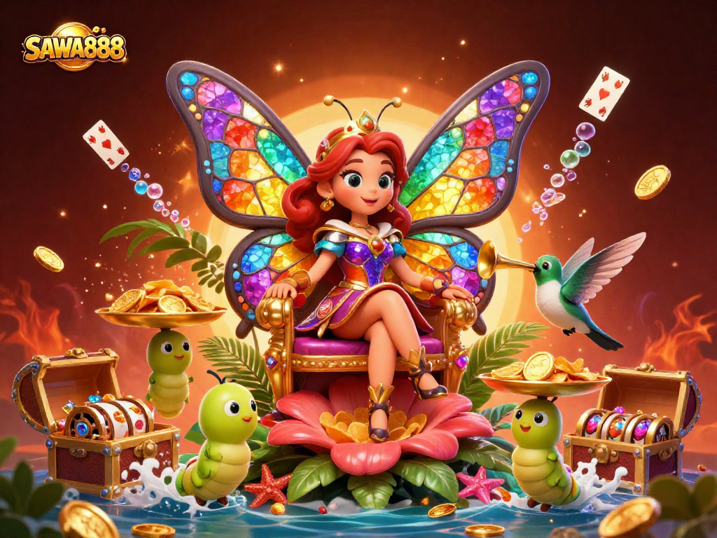 Experience the thrill of SAWA888 with a vibrant casino scene featuring slot reels and fantasy elements.