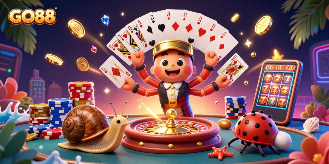 GO88 casino scene featuring a millipede dealer and high-roller snail with vibrant game elements.