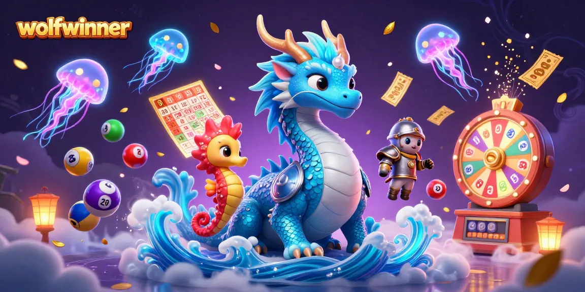 Join the fun with wolfwinner in this vibrant 3D illustration featuring lottery excitement and gaming elements.