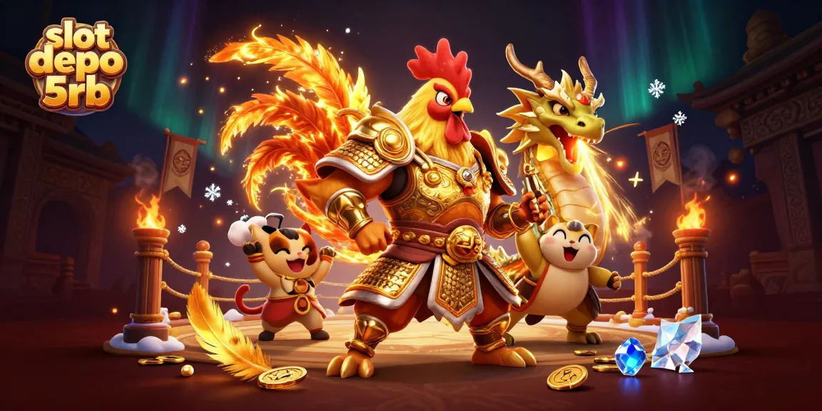 Play slot depo 5rb with excitement as warriors and dragons cheer in a dynamic 3D casino scene.